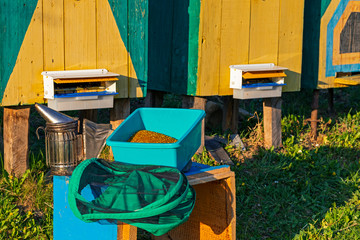 Collector of pollen on a hive. Bees with collected pollen enter the openings of Apiary pollen...