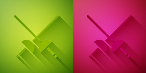 Paper cut Fencing icon isolated on green and pink background. Sport equipment. Paper art style. Vector Illustration