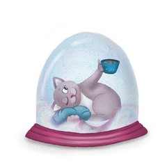 Cute illustration.  Cat with a pillow and a cup of coffee in a glass bowl.