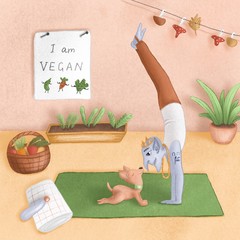 Cute illustration. Koschey the immortal and his dog practice yoga.