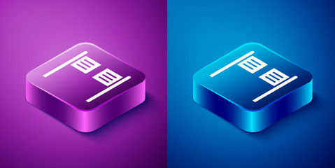 Isometric Old western swinging saloon door icon isolated on blue and purple background. Square button. Vector Illustration