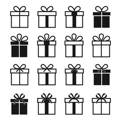 Illustration of gift box icon set isolated on white background. Christmas gift icon illustration vector symbol. Present gift box icon. Package in gift wrap.
