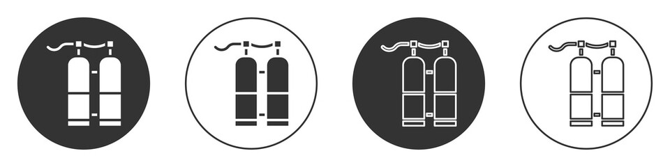 Black Aqualung icon isolated on white background. Oxygen tank for diver. Diving equipment. Extreme sport. Sport equipment. Circle button. Vector Illustration