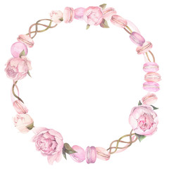 Wreath of macaroon and peonies. Hand painted watercolor illustration.