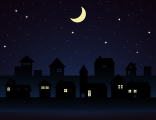 vector illustration of a night city.Vintage town at night.Night sky with moon with house silhouettes.Silhouette of the city and night sky with stars and moon.Vector EPS 10.