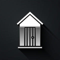 Silver Farm house icon isolated on black background. Long shadow style. Vector Illustration