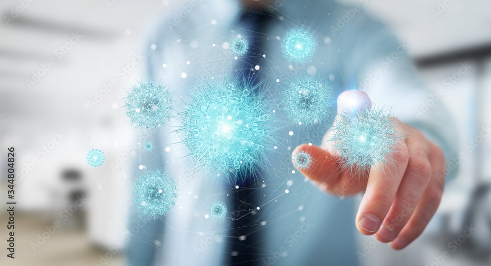Poster Man analyzing coronavirus with digital holographic projection close-up 3D rendering
