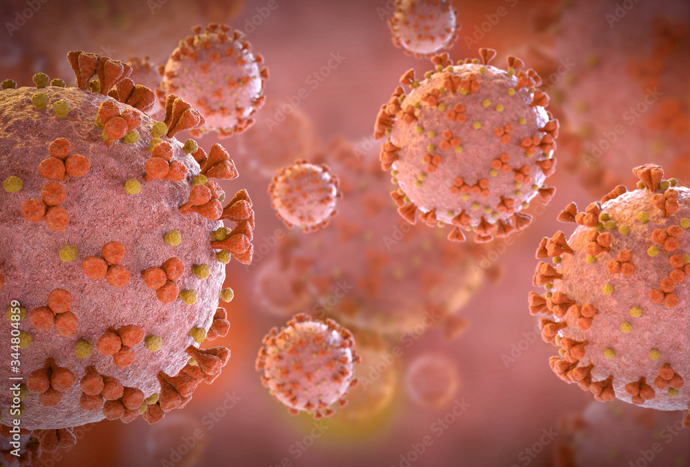 Poster 3d rendering of the coronavirus on a microscopic level. microscope close-up of the covid-19 disease.