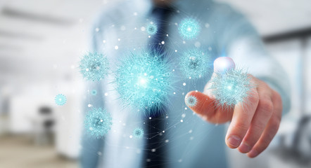 Man analyzing coronavirus with digital holographic projection close-up 3D rendering