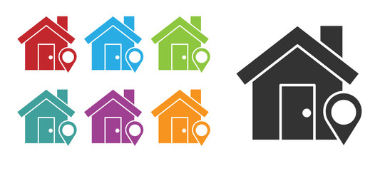 Black Map pointer with house icon isolated on white background. Home location marker symbol. Set icons colorful. Vector Illustration