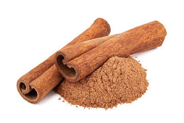 Cinnamon sticks and powder isolated on white background