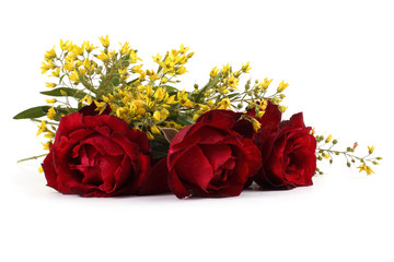 Roses and little yellow flowers isolated on white