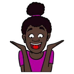 an african-american woman looks down and is happy with her hands outstretched. isolated, comic, vector.