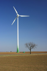 Wind turbines generating power on green field