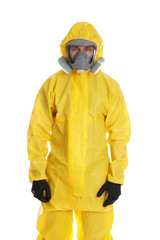Fototapeta premium Man wearing chemical protective suit on white background. Prevention of virus spread