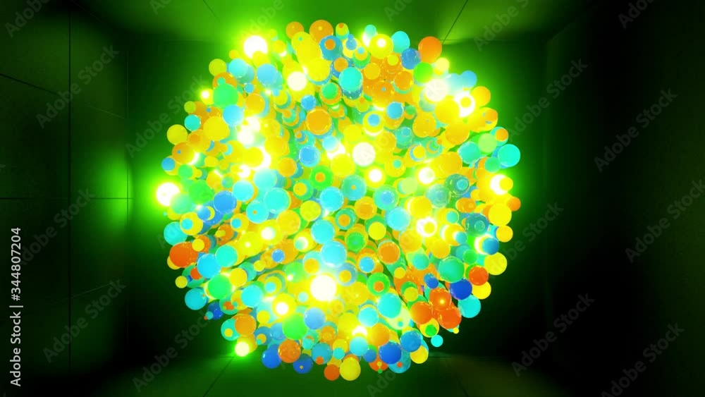 Poster abstract composition of colorful balls in air, which randomly light up and reflect in each other. mu