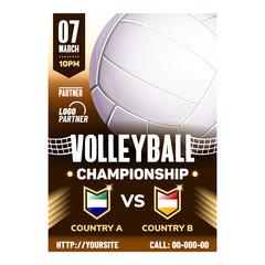 Volleyball Sport World Championship Poster Vector. Volleyball Gaming Ball On Announcement Promotion Banner. Sandy Beach Game, Active Sportlife Style Color Concept Mockup Illustration