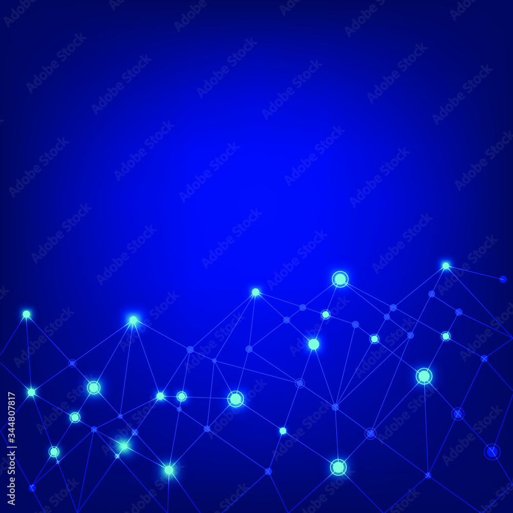 Poster blue technology connected bright atom with line together. presentation show concept of future style 