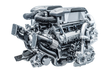 Modern high-tech and efficient engine isolated on a white background. Concept of valve maintenance...