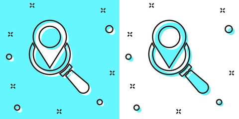 Black line Search location icon isolated on green and white background. Magnifying glass with pointer sign. Random dynamic shapes. Vector Illustration