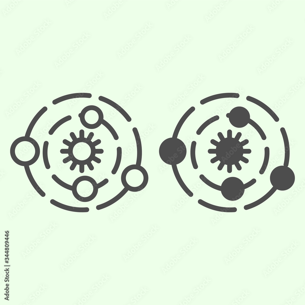 Poster solar system line and solid icon. universe with planets and sun in center outline style pictogram on