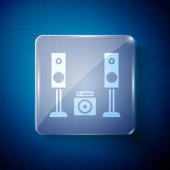 White Home stereo with two speaker s icon isolated on blue background. Music system. Square glass panels. Vector Illustration