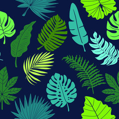Fototapeta na wymiar Bright green vector pattern Blue tropical seamless background Monstera leaves wallpaper