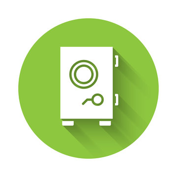 White Safe Icon Isolated With Long Shadow. The Door Safe A Bank Vault With A Combination Lock. Reliable Data Protection. Green Circle Button. Vector Illustration