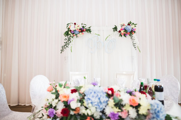 Interior of a restaurant prepared for wedding ceremony