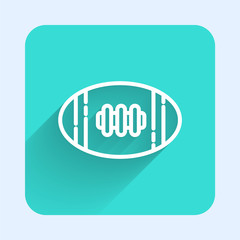 White line American Football ball icon isolated with long shadow. Rugby ball icon. Team sport game symbol. Green square button. Vector Illustration