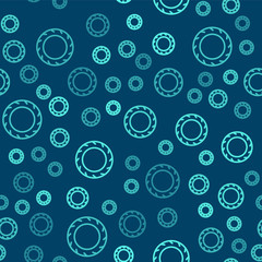 Fototapeta na wymiar Green line Car tire wheel icon isolated seamless pattern on blue background. Vector Illustration