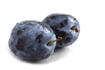 Black plums isolated on white