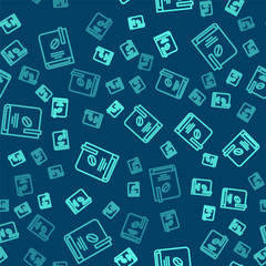 Green line Coffee book icon isolated seamless pattern on blue background. Vector Illustration