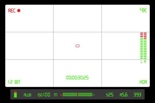 Camera viewfinder with focusing screen and digital display 4k hdr 12 bit video recording.