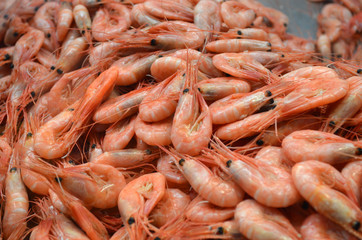 Many red raw fresh shrimps ready to be cooked, displayed for sale at Feskekorka fish market in Gothenborg, Sweden, top view of flat flay of healthy food photographed with soft focus
