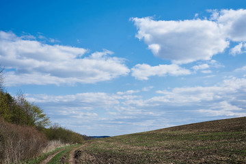 Beautiful field landscape. Countryside village rural natural background at sunny weather in spring summer. Green grass and blue sky with clouds. Nature protection concept.