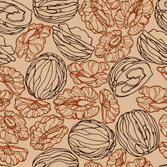 abstract seamless pattern of a set of walnuts & kernels, for menu design or confectionery, textiles, vector illustration with colored contour lines on a creamy background in doodle & hand drawn style