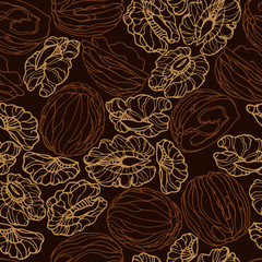 abstract seamless pattern of a set of walnut kernels, for menu design or confectionery, textiles, vector illustration with colored contour lines on a chocolate background in doodle & hand drawn style
