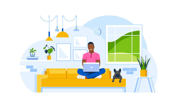 Young man sits on a sofa with a dog and work from home with a laptop.  Concept living room. Person indoor job remote work. Flat vector illustration.