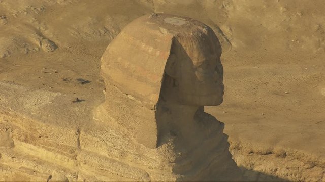 Helicopter view of the famous Great Sphinx of Giza in Egypt.