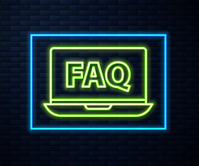 Fototapeta na wymiar Glowing neon line Laptop and FAQ icon isolated on brick wall background. Adjusting, service, setting, maintenance, repair, fixing. Vector Illustration