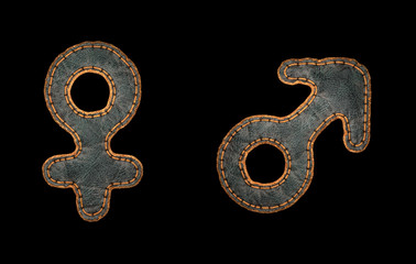 Set of symbols female and male made of leather. 3D render font with skin texture isolated on black background.