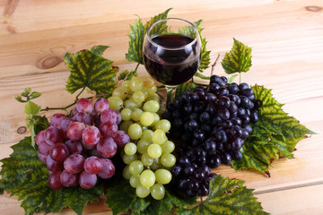 Grape and wine on table