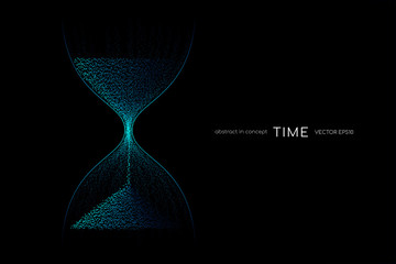 Hourglass from blue green light particles flowing isolated on black background. Vector illustration in concept time, technology, modern - obrazy, fototapety, plakaty