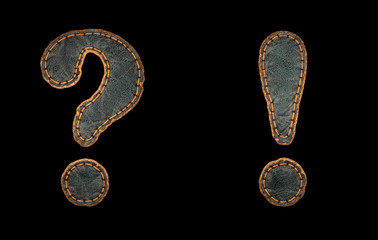 Set of symbols question mark and exclamation mark made of leather. 3D render font with skin texture isolated on black background.