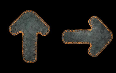 Set of symbols up arrow and right arrow made of leather. 3D render font with skin texture isolated on black background.