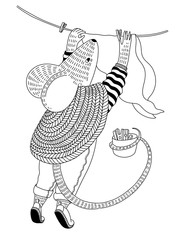 Digital black and white illustartion for color book. A mouse in a knitted sweater and jeans hangs a clothes