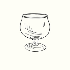 Brandy snifter glass isolated, outline simple doodle drawing, gravure style, design element