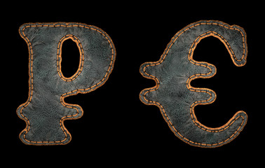 Set of symbols rouble and euro made of leather. 3D render font with skin texture isolated on black background.