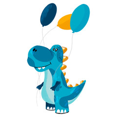 Cute little monster dinosaur flies on a balls. Cartoon vector illustration.
